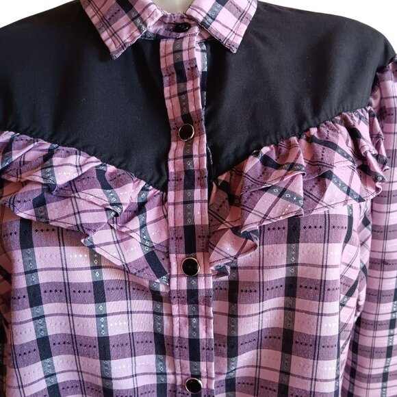 XL Vintage Women's Cowgirl Shirt Top H Bar C Lilac Frilly Snap Western 80's Boho - Picture 1 of 6